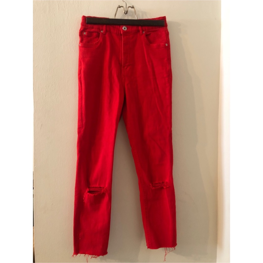 Zara Red Ripped High Waisted Jeans